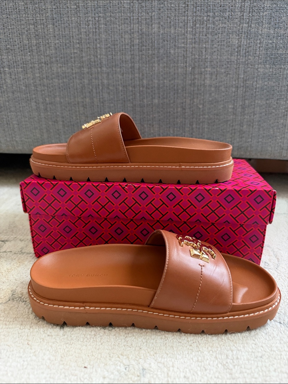 Tory Burch Brown Leather Slide Sandals with Gold Logo